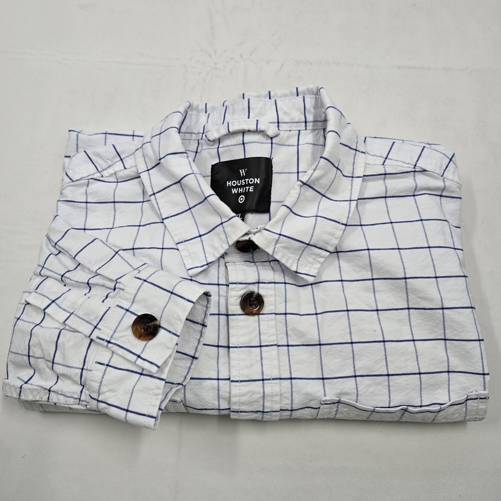 Houston White Men's Button Down Shirt White Blue Plaid XL Long Sleeve